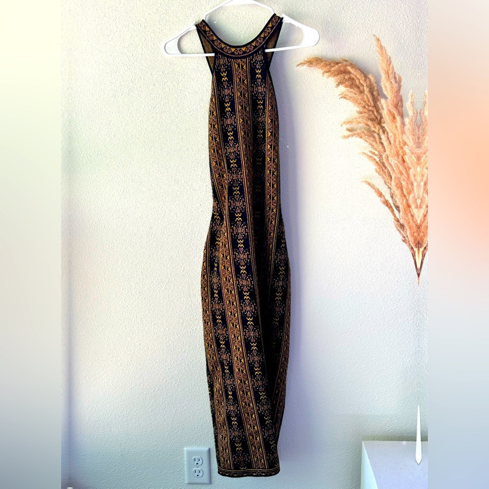 Sézane halter neck dress, gold and black multicolored pattern, Small